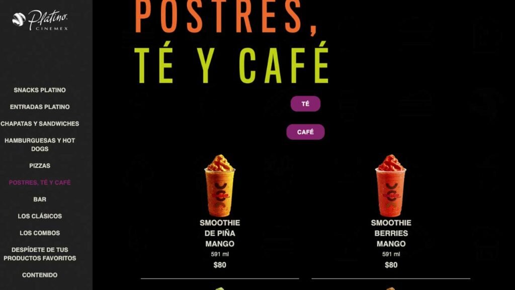 Precio de Combos Cinemex Platino 2024: Menú de Palomitas y Refrescos 4 Bebidas de cinemex platino
