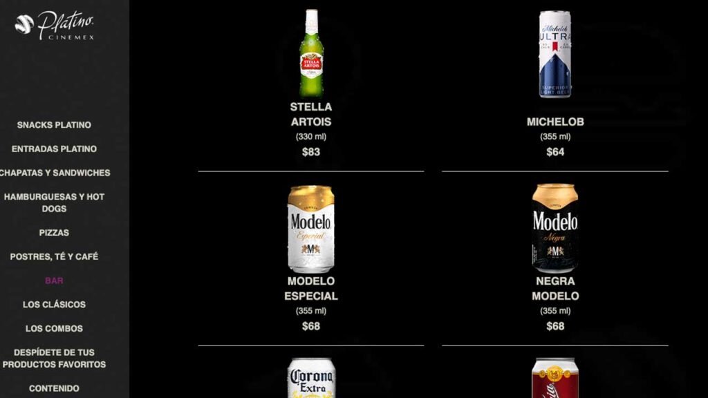 Precio de Combos Cinemex Platino 2024: Menú de Palomitas y Refrescos 6 Puedes pedir bebidas preparadas
